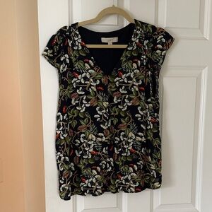 LOFT Black Top with Green and Red Floral Design